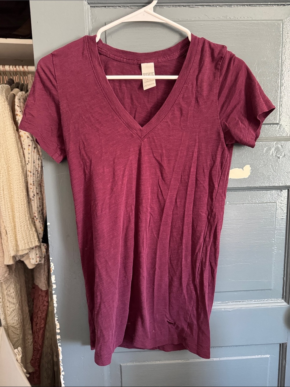 PINK Victoria's Secret V-Neck Short Sleeve Tee - Burgundy Plum